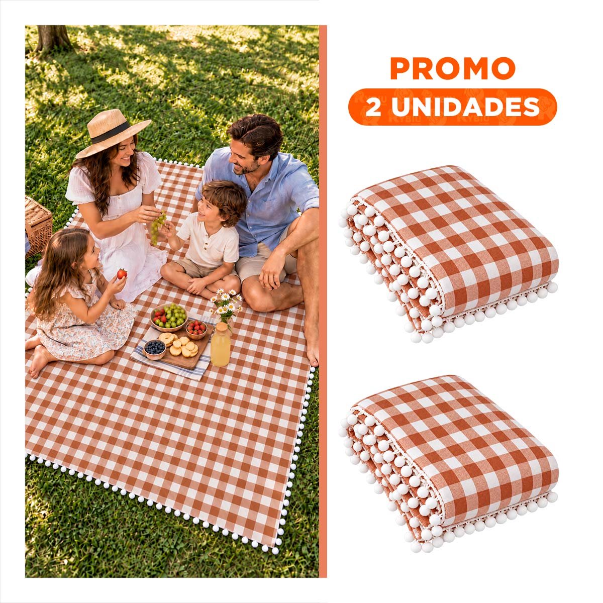 PACK2 COBIJA PICNIC CON BORDE DE MINI POMPONES PARA LAS SALIDAS BEIGE Y BLANCO YREGALO STICKER - 1