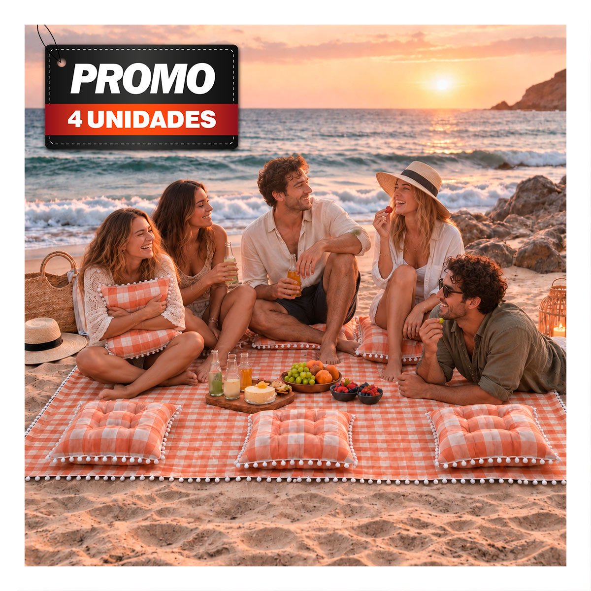 PACK4 FRAZADA PICNIC Y 4 COJINES CON POMPONES PARA JUGAR EN CASAS CON LA FAMILIA - 1