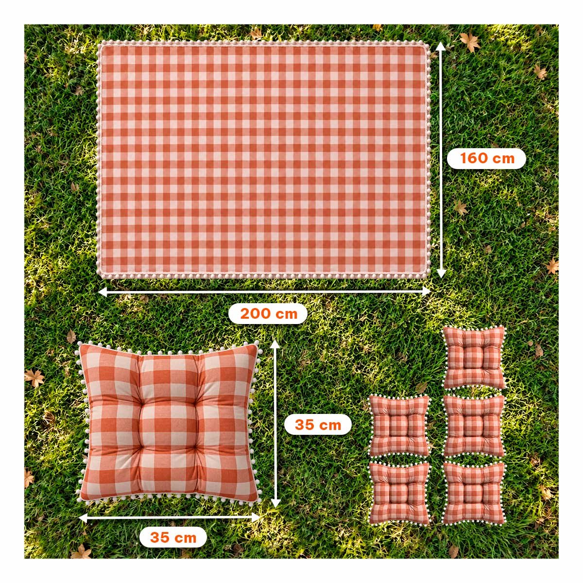 PACK4 FRAZADA PICNIC Y 4 COJINES CON POMPONES PARA JUGAR EN CASAS CON LA FAMILIA - 2