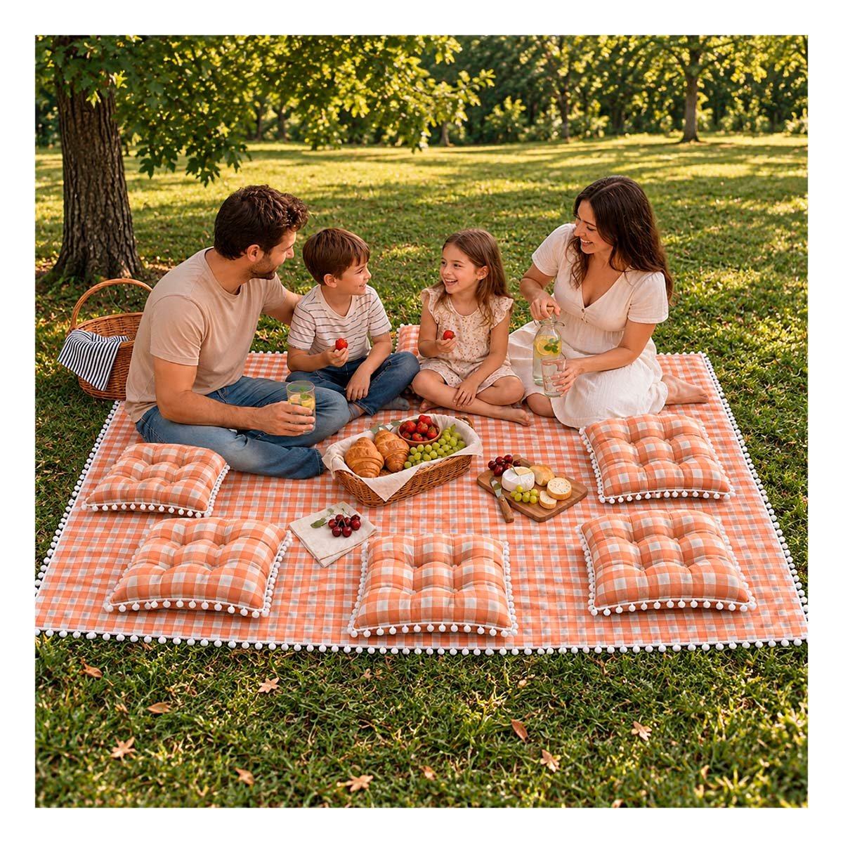 PACK4 FRAZADA PICNIC Y 4 COJINES CON POMPONES PARA JUGAR EN CASAS CON LA FAMILIA - 3