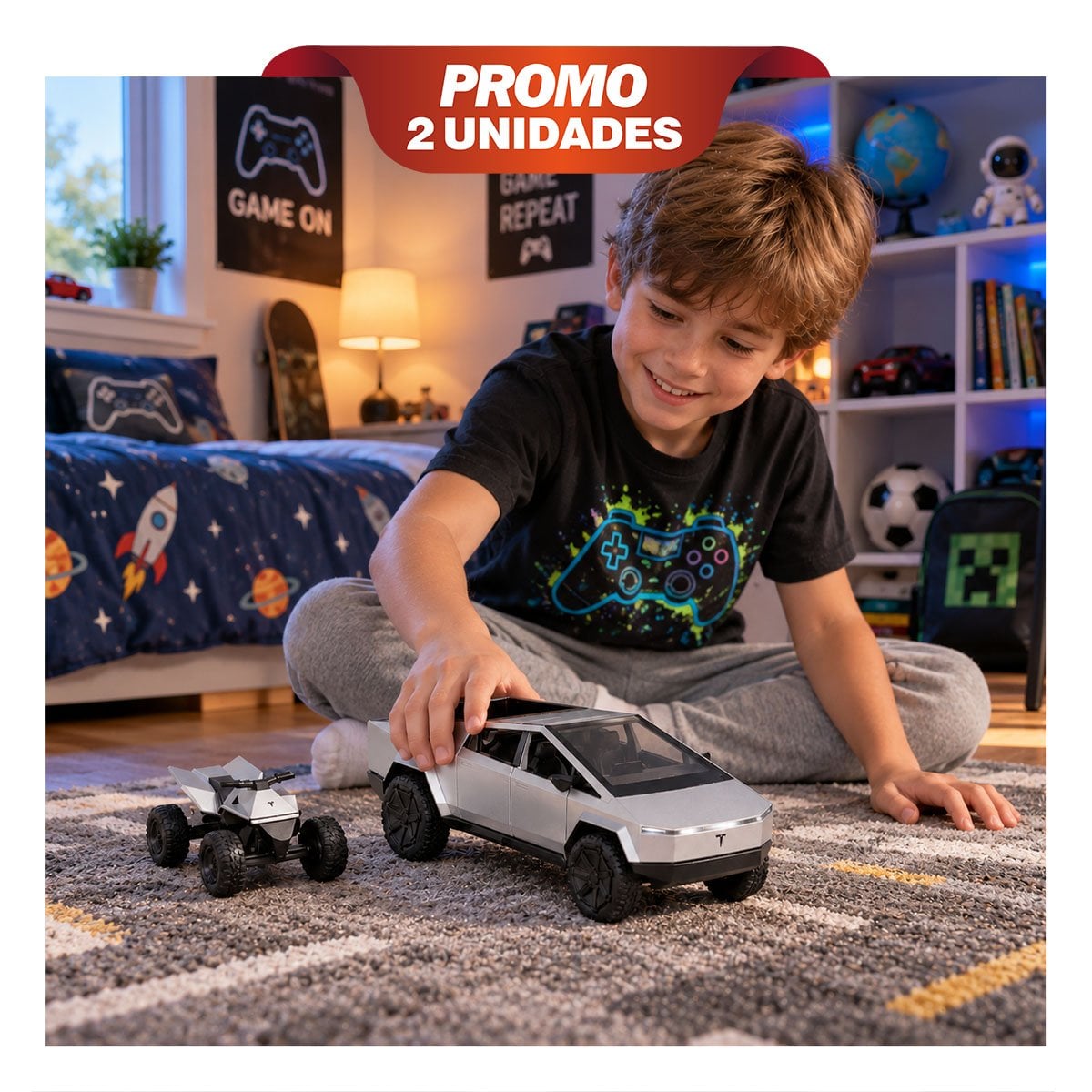 PACK2 BOLIDO CYBERTRUCK A CONTROL REMOTO RECARGABLE PARA NINOS EN PLATEADO YPAPEL REGALO - 1