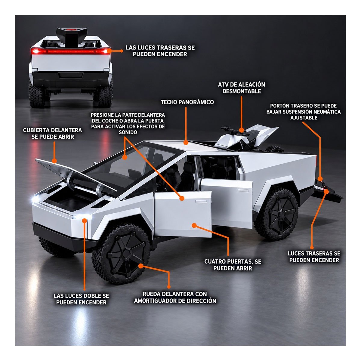 PACK2 BOLIDO CYBERTRUCK A CONTROL REMOTO RECARGABLE PARA NINOS EN PLATEADO YPAPEL REGALO - 2