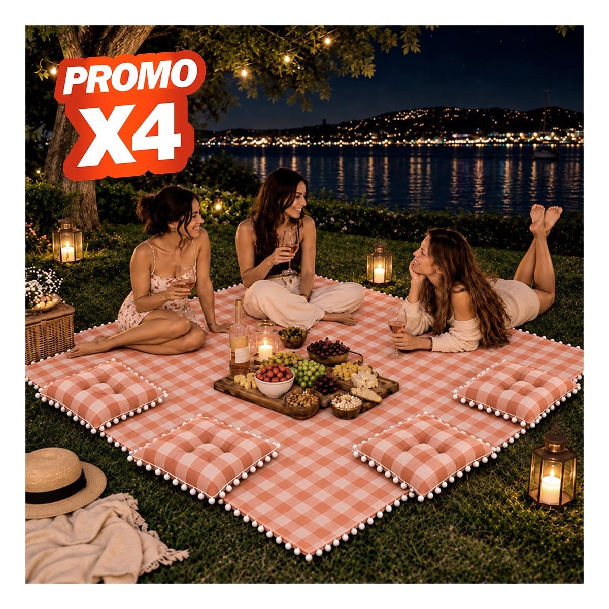 PACK4 COMBO PICNIC Y 4 COJINES CON POMPONES BEIGE Y BLANCO PARA HOGAR Y JARDIN YPAPEL REGALO - 1
