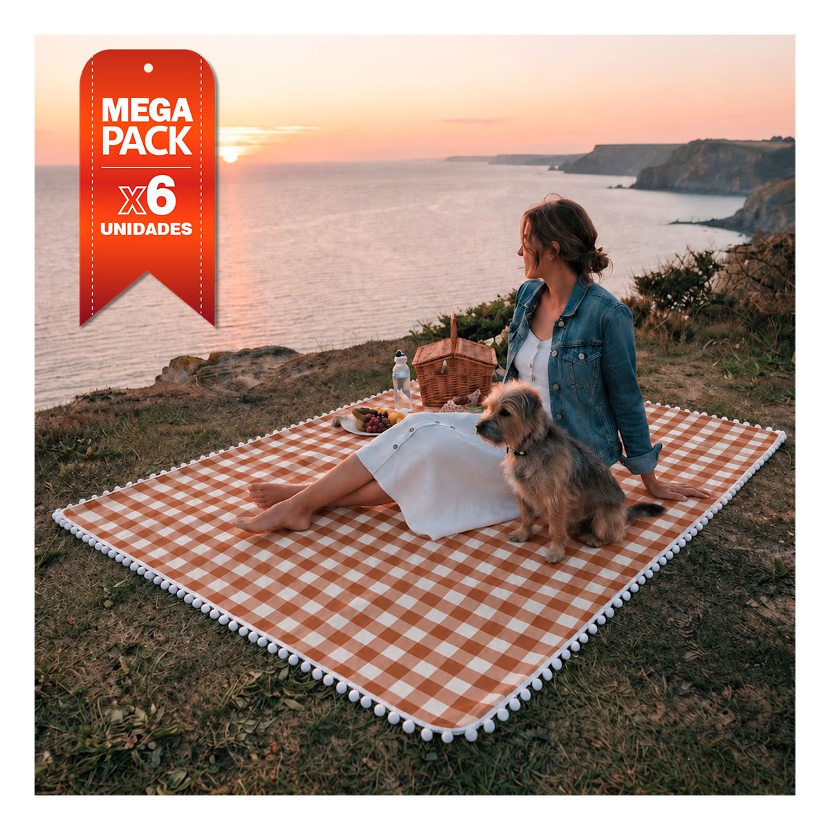 PACK6 COBIJA PICNIC CON BORDE DE MINI POMPONES PARA USO DE CASA BEIGE Y BLANCO YPAPEL REGALO - 1