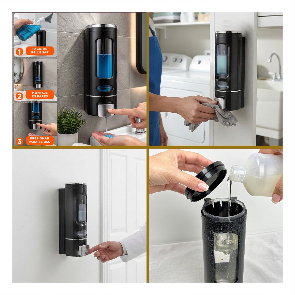 PACK6 DESPACHADOR DE LIQUIDOS DE PARED PARA BANO Y COCINA EN COLOR NEGRO DE 500 ML - 4