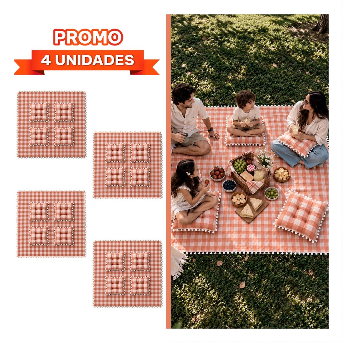 PACK4 MANTA PICNIC Y 4 COJINES CON POMPONES BEIGE Y BLANCO PARA CASA YREGALO STICKER - 1