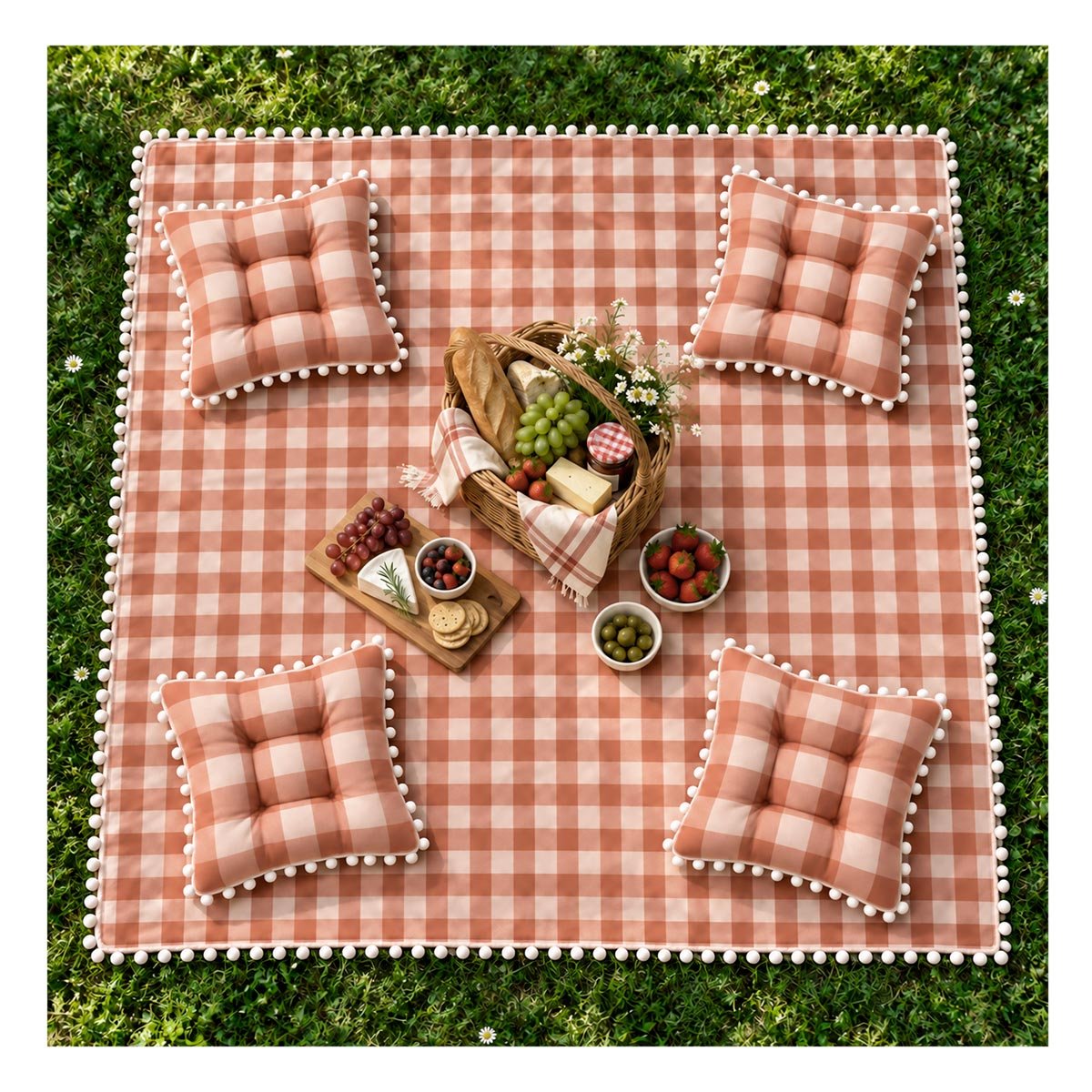 PACK4 MANTA PICNIC Y 4 COJINES CON POMPONES BEIGE Y BLANCO PARA CASA YREGALO STICKER - 3