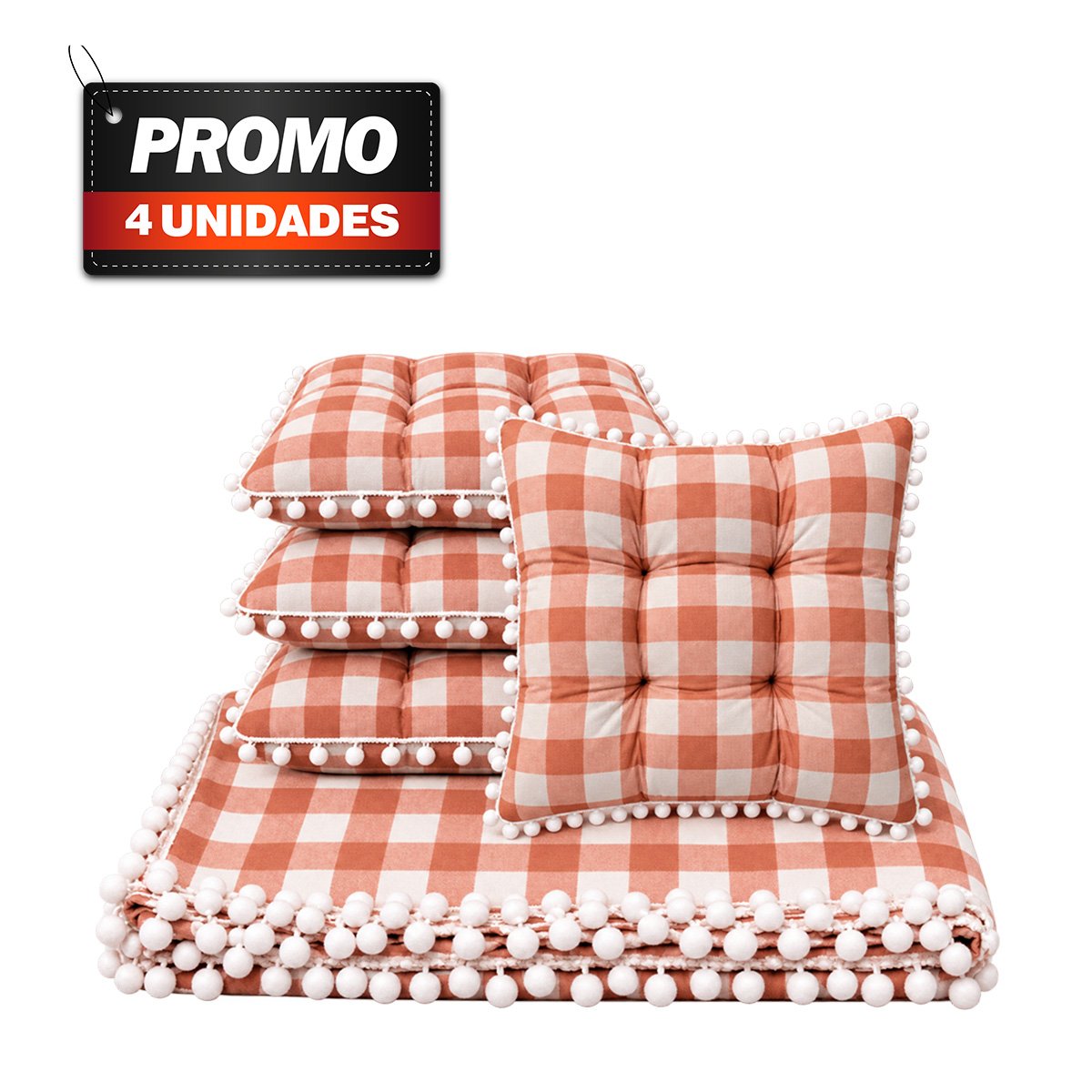 PACK4 PAQUETE PICNIC Y 4 COJINES CON POMPONES BEIGE Y BLANCO PARA HOGAR Y JARDIN - 1