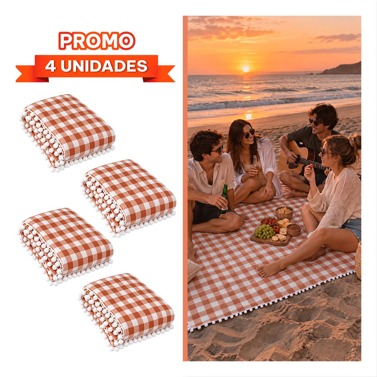 PACK4 CUBIERTA PICNIC CON BORDE DE MINI POMPONES PARA DISFRUTAR RATOS LIBRES YREGALO STICKER - 1