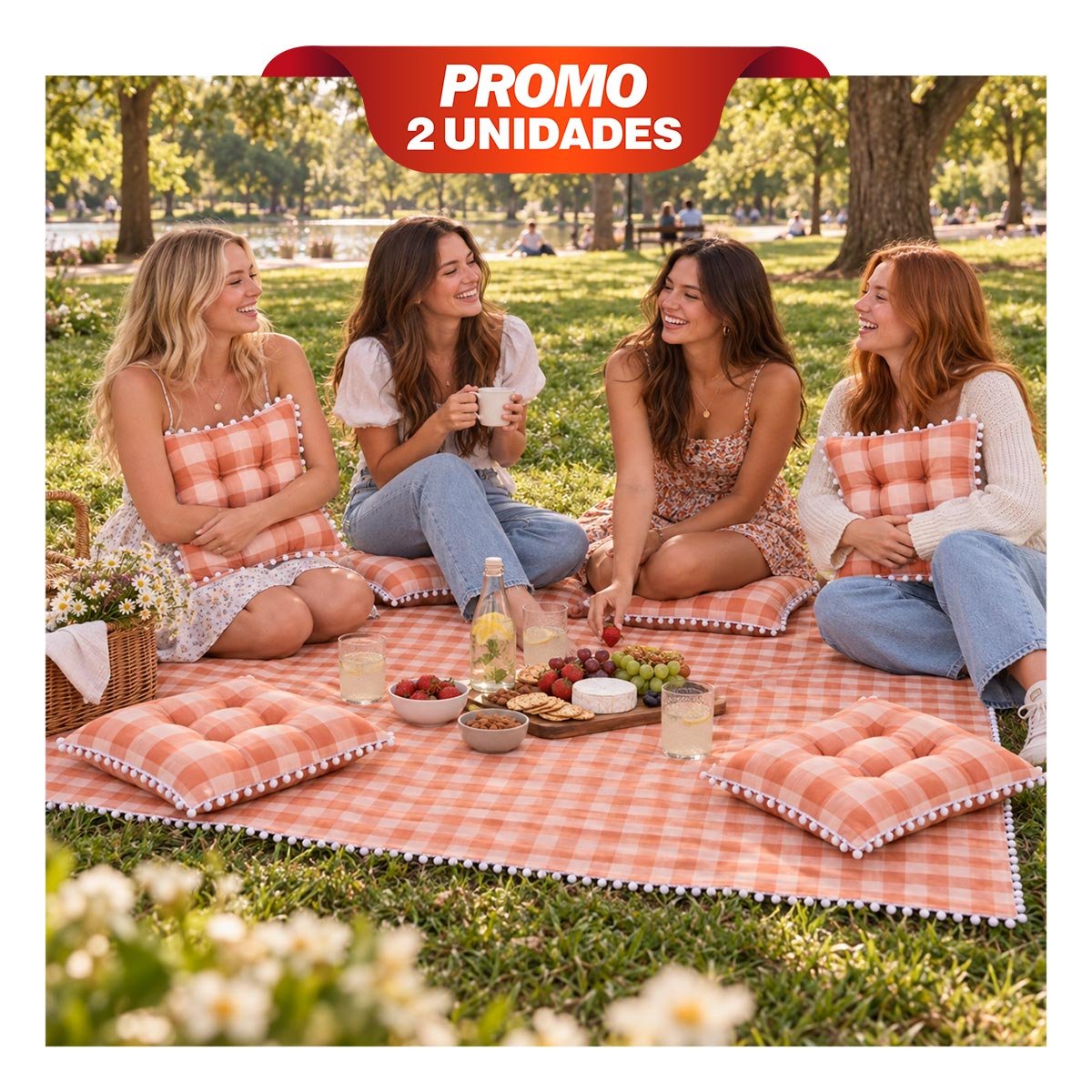 PACK2 JUEGO PICNIC Y 4 COJINES CON POMPONES PARA JUGAR EN EL HOGAR Y LA FAMILIA YPAPEL REGALO - 1
