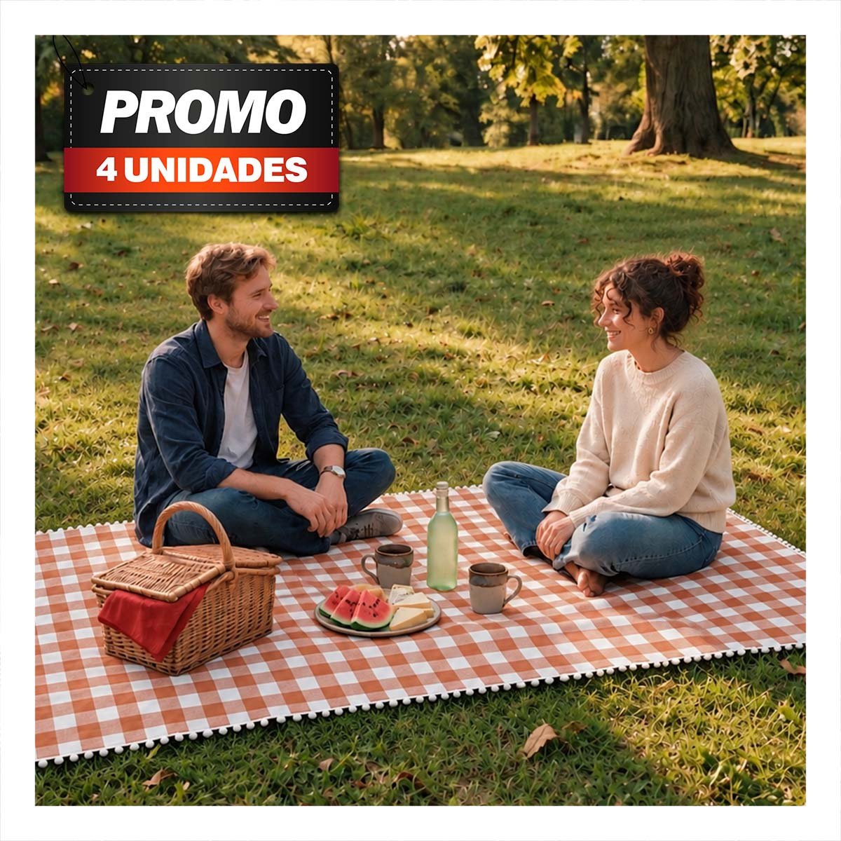 PACK4 LONA PICNIC CON BORDE DE MINI POMPONES PARA EL TIEMPO LIBRE BEIGE Y BLANCO - 1