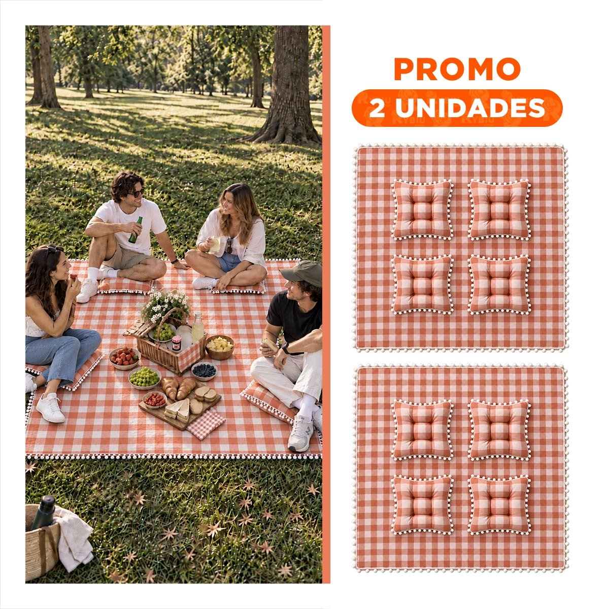 PACK2 KIT PICNIC Y 4 COJINES CON POMPONES BEIGE Y BLANCO PARA EL HOGAR ELEGANTE YREGALO STICKER - 1