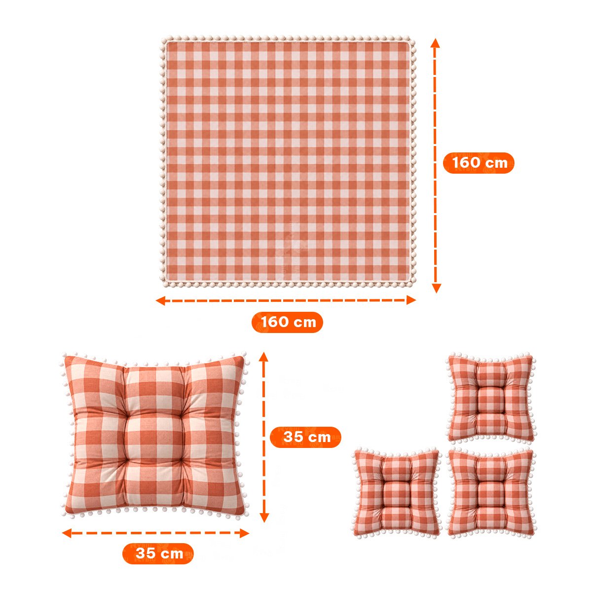 PACK2 KIT PICNIC Y 4 COJINES CON POMPONES BEIGE Y BLANCO PARA EL HOGAR ELEGANTE YREGALO STICKER - 2