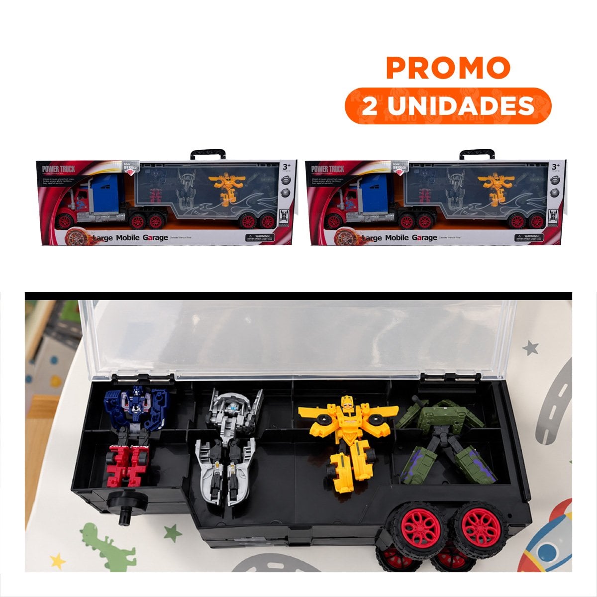 PACK2 CAMIONETA GARAJE MOVIL Y 4 TRANSFORMERS CONVERTIBLES PARA NINO EN REGALO YREGALO STICKER - 1