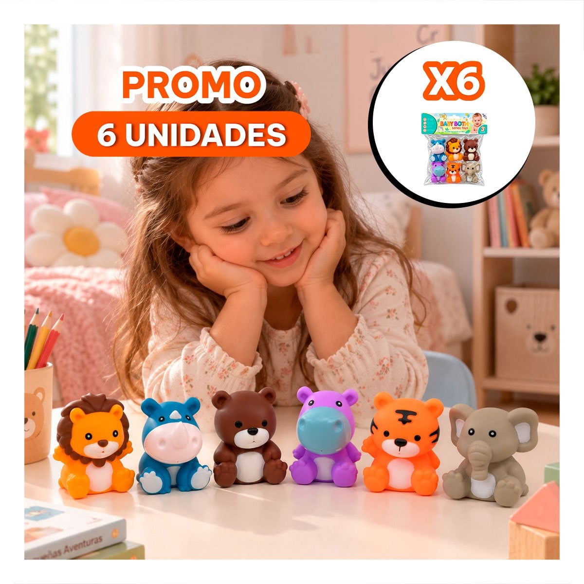 PACK6 SET DE ANIMALES SALVAJES CON 6 UNIDADES CHIRRIADORAS EN MULTICOLORES YREGALO STICKER - 1