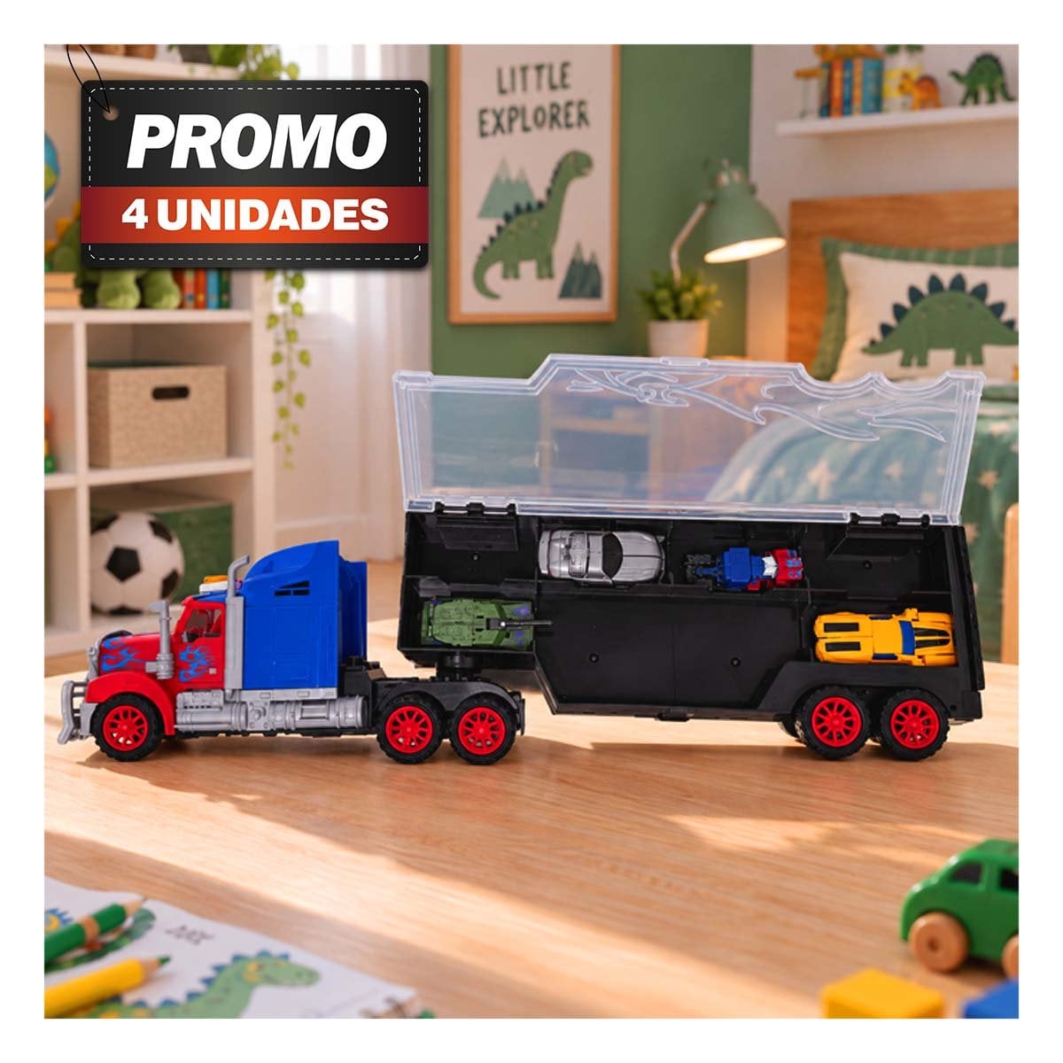 PACK4 AUTO GARAJE MOVIL Y 4 ROBOTS TRANSFORMERS CONVERTIBLES DE JUGUETE PARA LOS NINOS - 1
