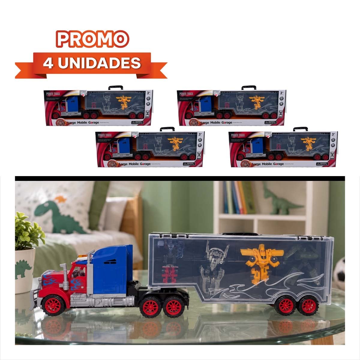 PACK4 CARRO MULTICOLOR GARAJE MOVIL Y ROBOTS TRANSFORMERS CONVERTIBLES EN CASA YREGALO STICKER - 1