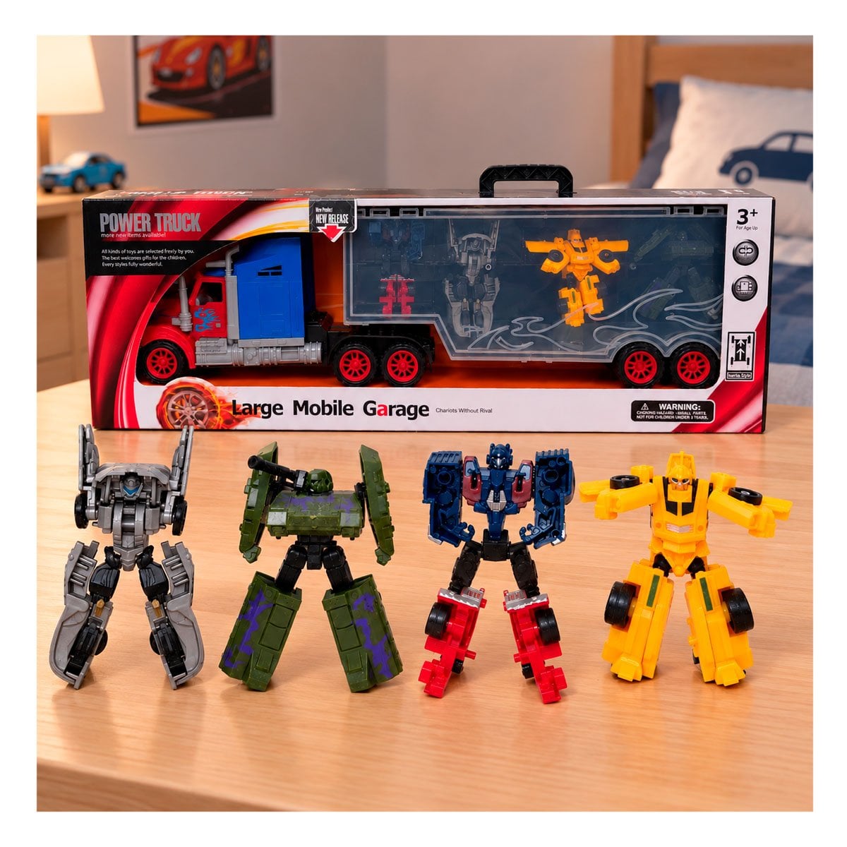 PACK4 CARRO MULTICOLOR GARAJE MOVIL Y ROBOTS TRANSFORMERS CONVERTIBLES EN CASA YREGALO STICKER - 3