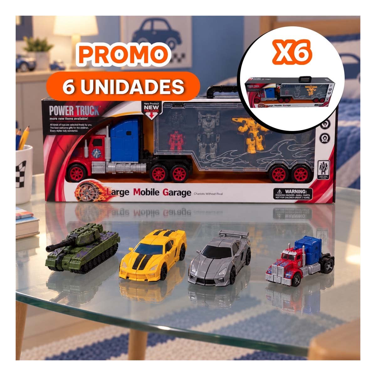 PACK6 REMOLQUE GARAJE MOVIL Y 4 ROBOTS TRANSFORMERS CONVERTIBLES EN CASA YREGALO STICKER - 1