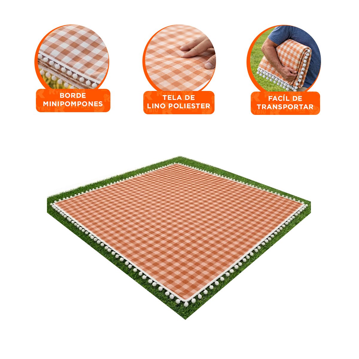 MANTA PICNIC CON BORDE DE MINI POMPONES PARA USO DE CAMPO BEIGE Y BLANCO - 4