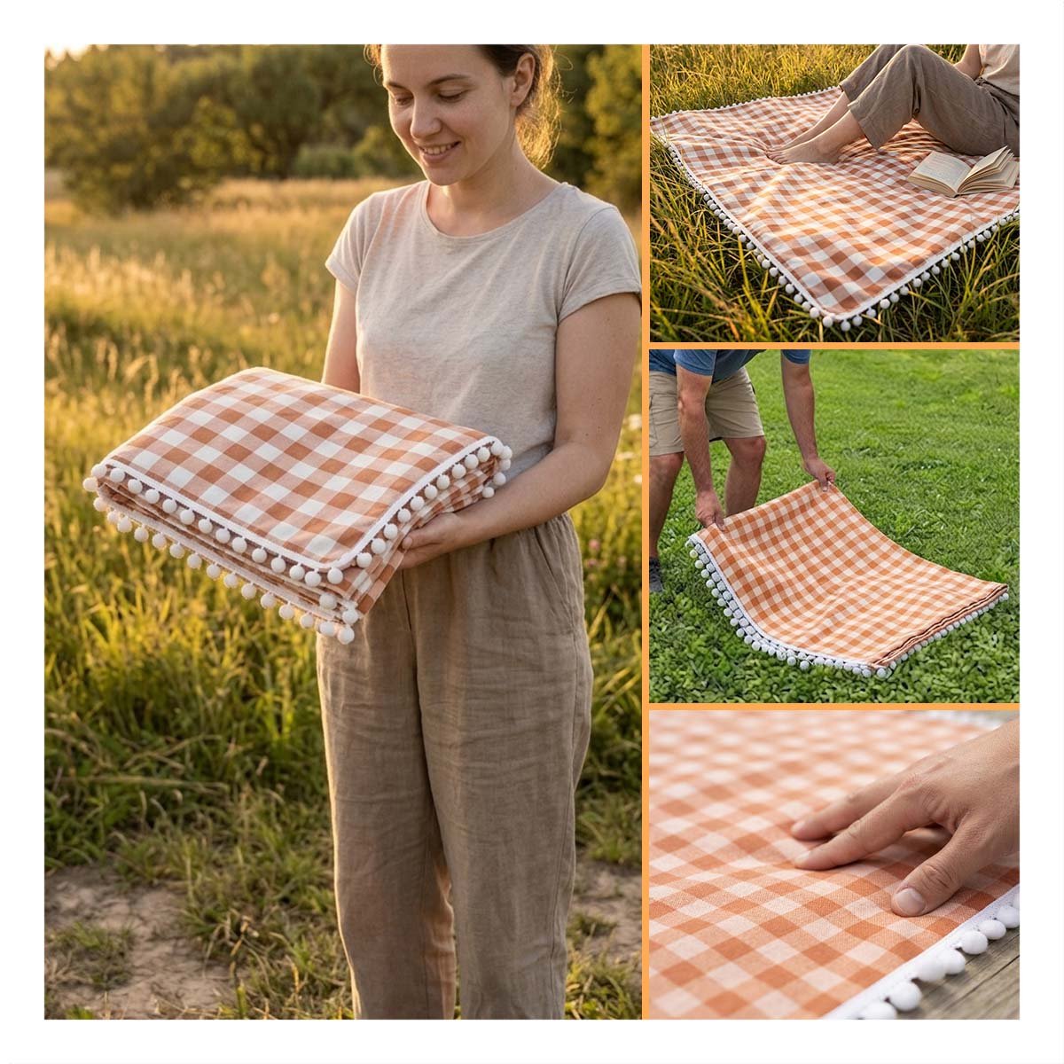 CUBIERTA PICNIC CON BORDE DE MINI POMPONES PARA EL DESCANSO BEIGE Y BLANCO Y STICKY - 3
