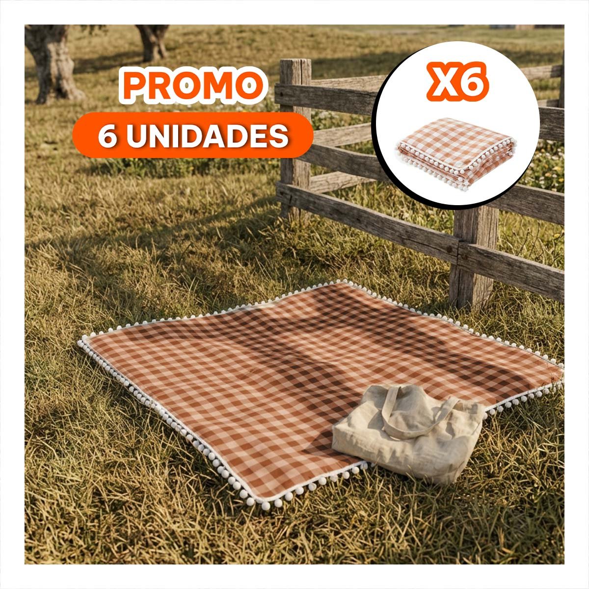 PACK6 ALFOMBRA PICNIC CON BORDE DE MINI POMPONES PARA USO SOCIAL BEIGE Y BLANCO YREGALO STICKER - 1