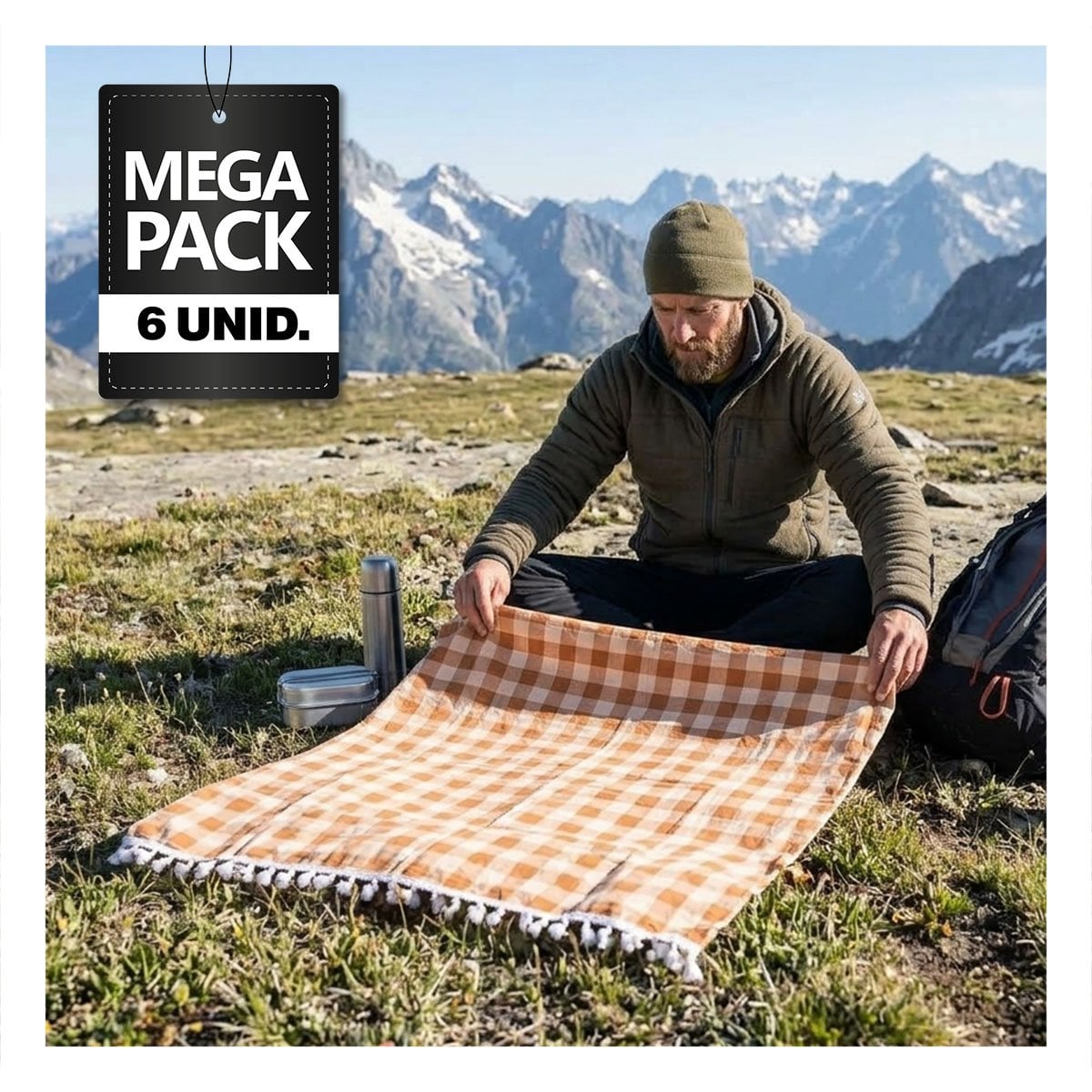 PACK6 COBIJA PICNIC CON BORDE DE MINI POMPONES PARA USO DE CAMPOS BEIGE Y BLANCO - 1