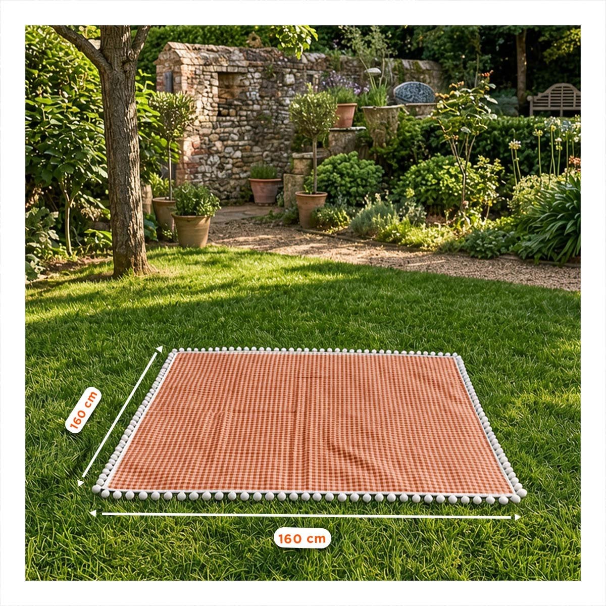 PACK6 COBIJA PICNIC CON BORDE DE MINI POMPONES PARA USO DE CAMPOS BEIGE Y BLANCO - 2