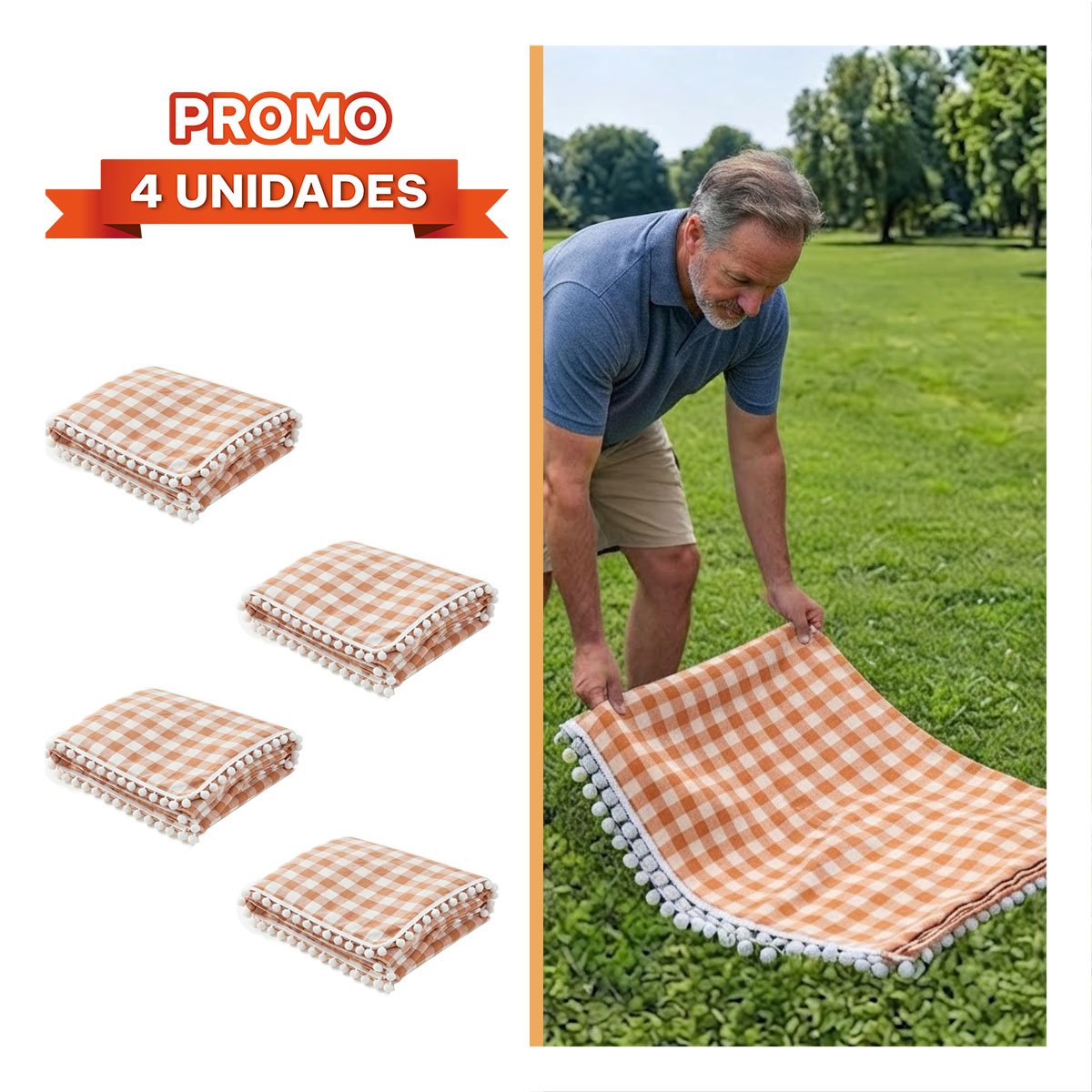 PACK4 MANTA PICNIC CON BORDE DE MINI POMPONES PARA EL DISFRUTE BEIGE Y BLANCO YREGALO STICKER - 1