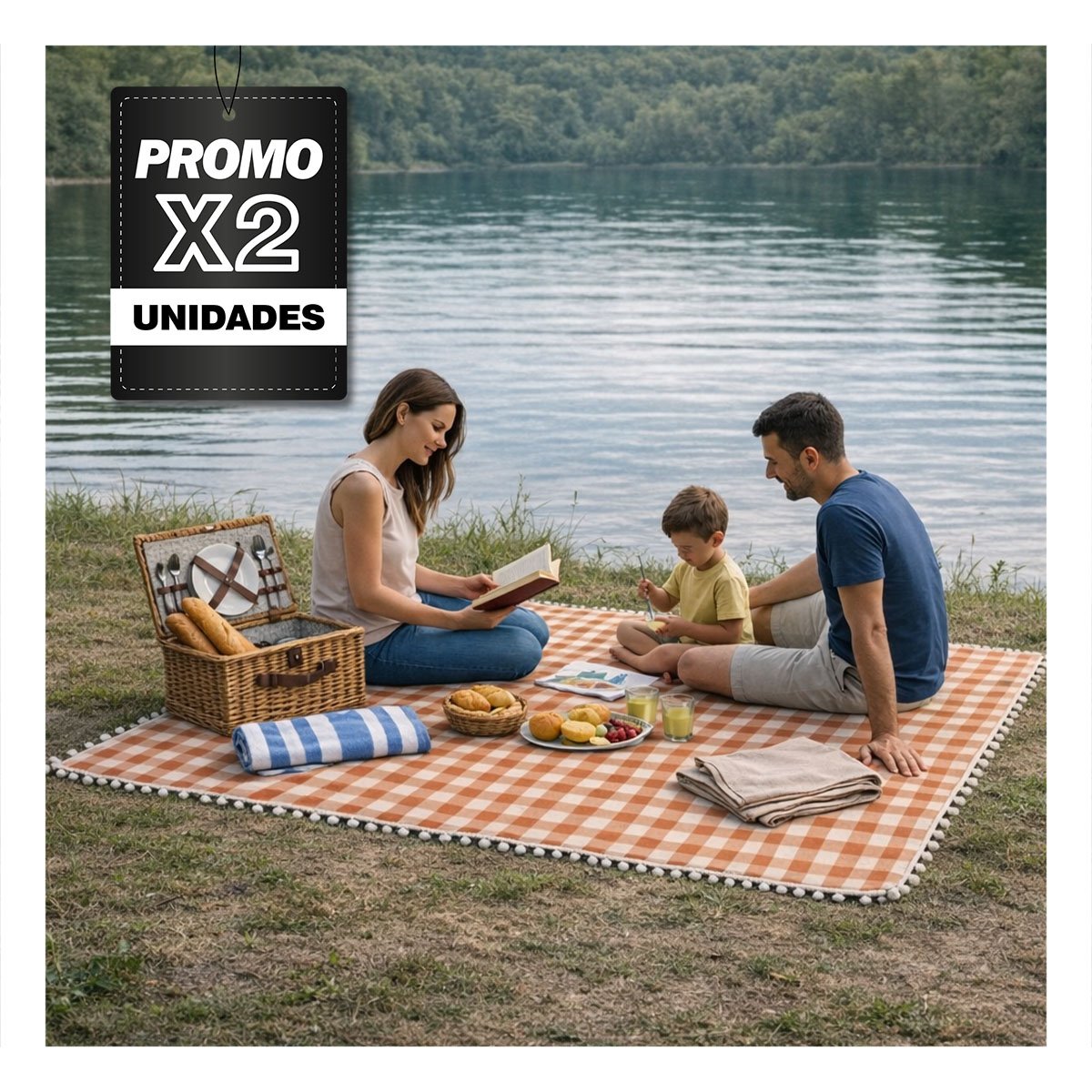 PACK2 MANTA PICNIC CON BORDE DE MINI POMPONES PARA UN PASEO HOY BEIGE Y BLANCO - 1