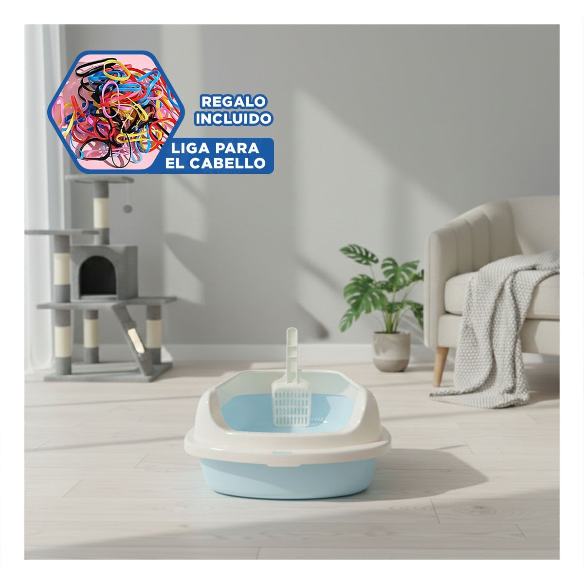 CAJA PRACTICA PARA GATOS CON PALA CERNIDORA 41,5X15X29CM CELESTE YLIGAS REGALO - 2