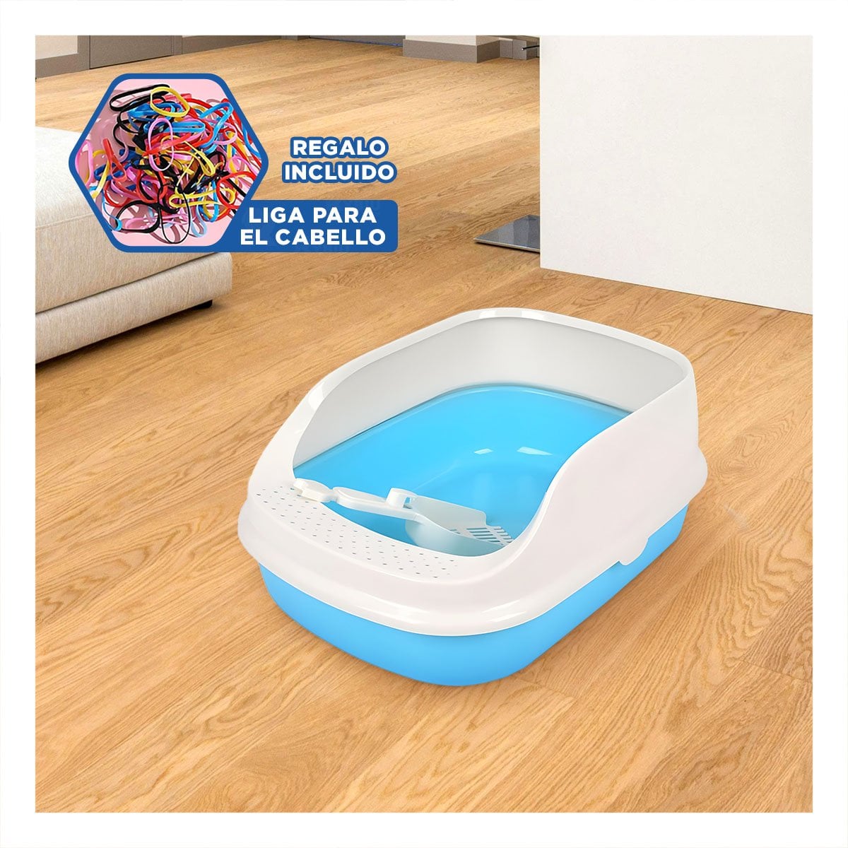 CAJA DE ARENA SEMI ALTA PARA USO DIARIO 37,7X50X21CM CELESTE YLIGAS REGALO - 2