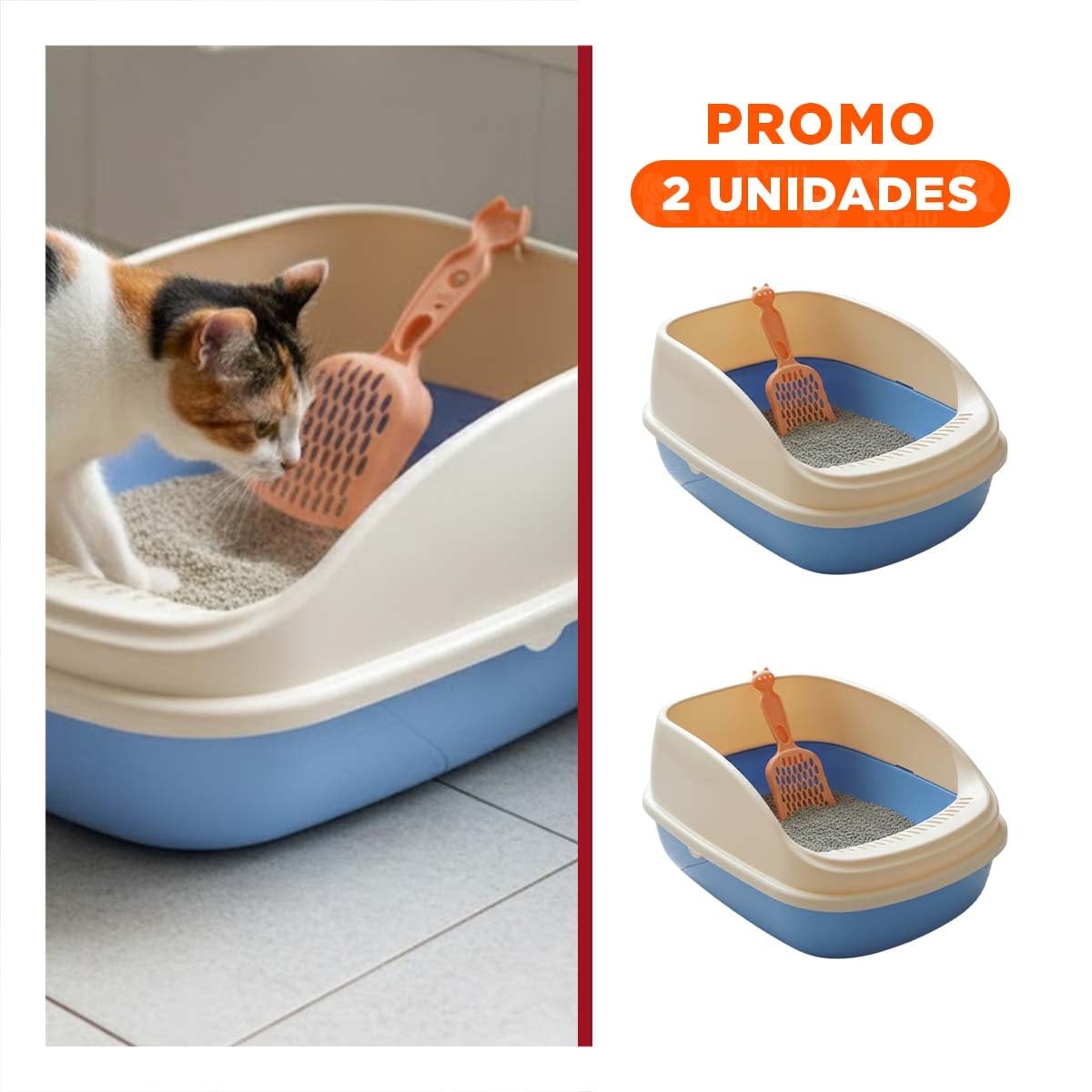 PACK2 CAJA DE ARENA COMODA CON PALA Y ESPACIO SUFICIENTE 49,5X24X39CM CELESTE YREGALO STICKER - 1