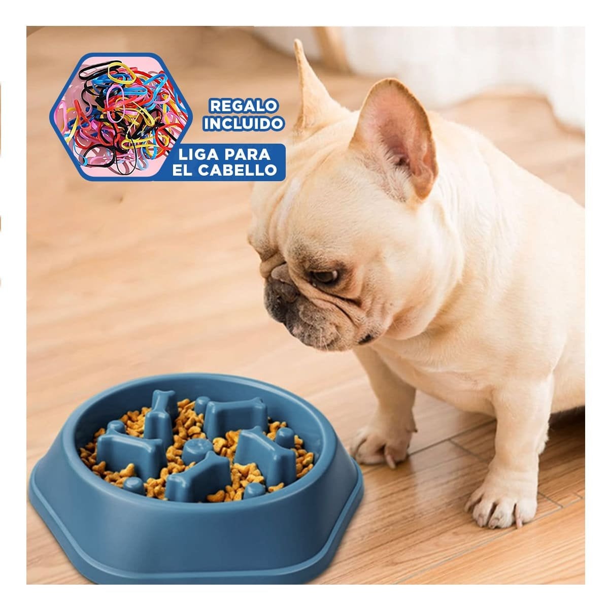 PLATO ANTIESTRES QUE MOTIVA COMER PET TIPO HUESITOS EXAGONAL AZUL YLIGAS REGALO - 2