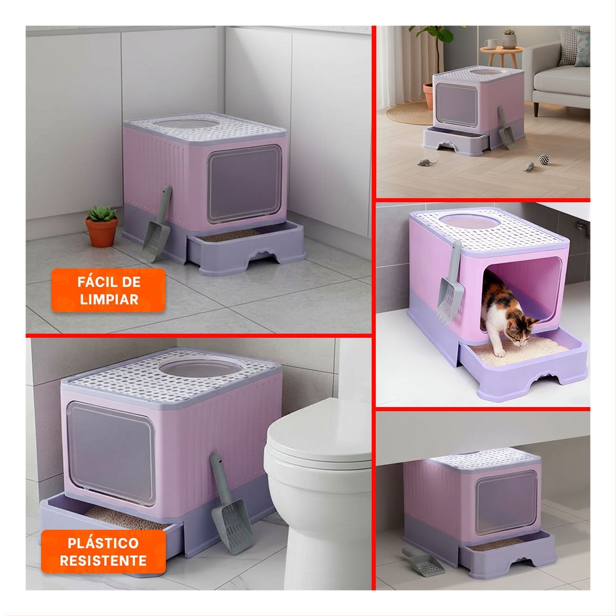 PACK2 ACCESORIO HIGIENICO CERRADO TIPO CUBO GARRITA PARA GATO EN CASA LILA YPAPEL REGALO - 3