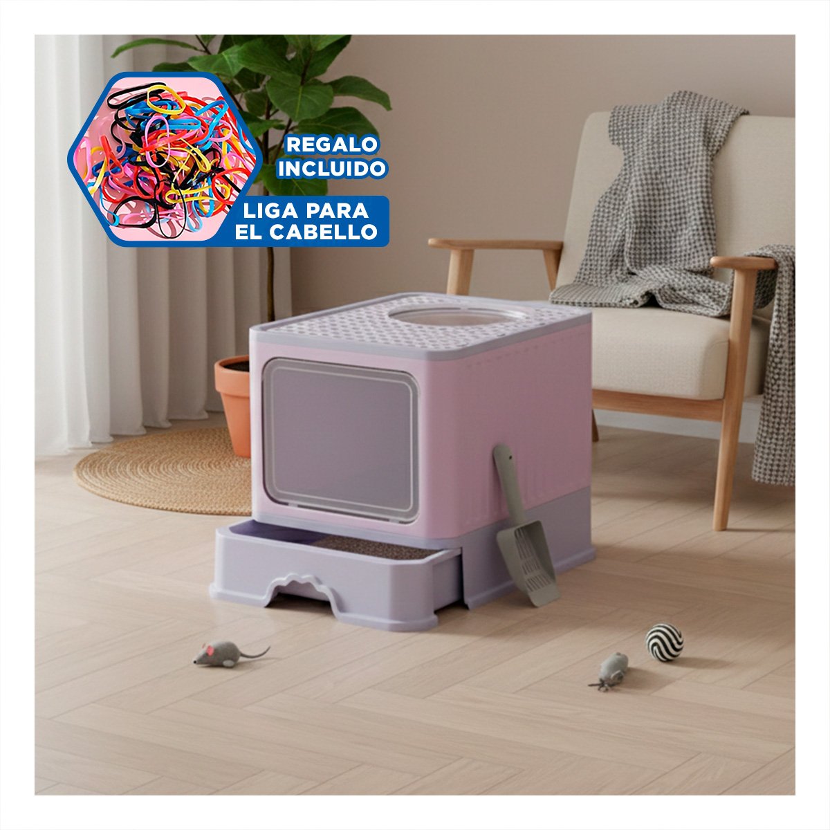 MODULO SANITARIO CERRADO TIPO CUBO GARRITA PARA GATO EN HOGAR LILA RESISTENTE YLIGAS REGALO - 2
