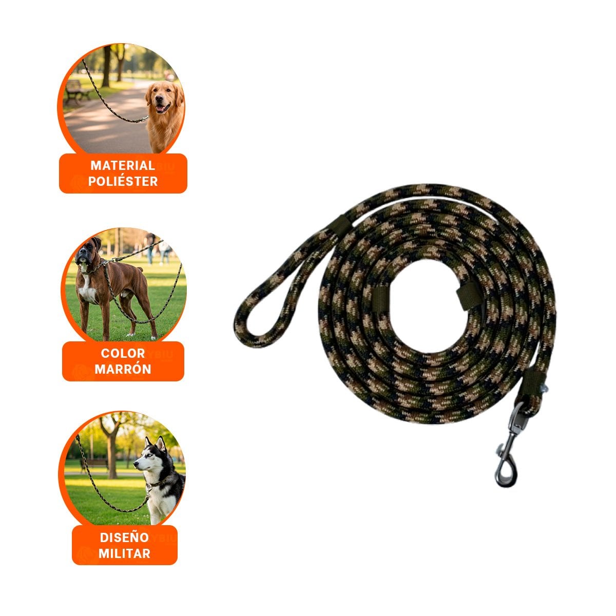 SOGA DE ENTRENAMIENTO PARA PASEOS Y JUEGOS 2,10M GROSOR 1,5CM MARRON MILITAR YPAPEL REGALO - 5