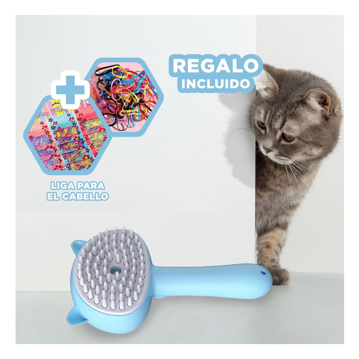 DESENREDADOR A VAPOR CELESTE DE MASCOTAS CON OREJAS DE GATO Y AGARRE ERGONOMICO YLIGAS REGALO - 2