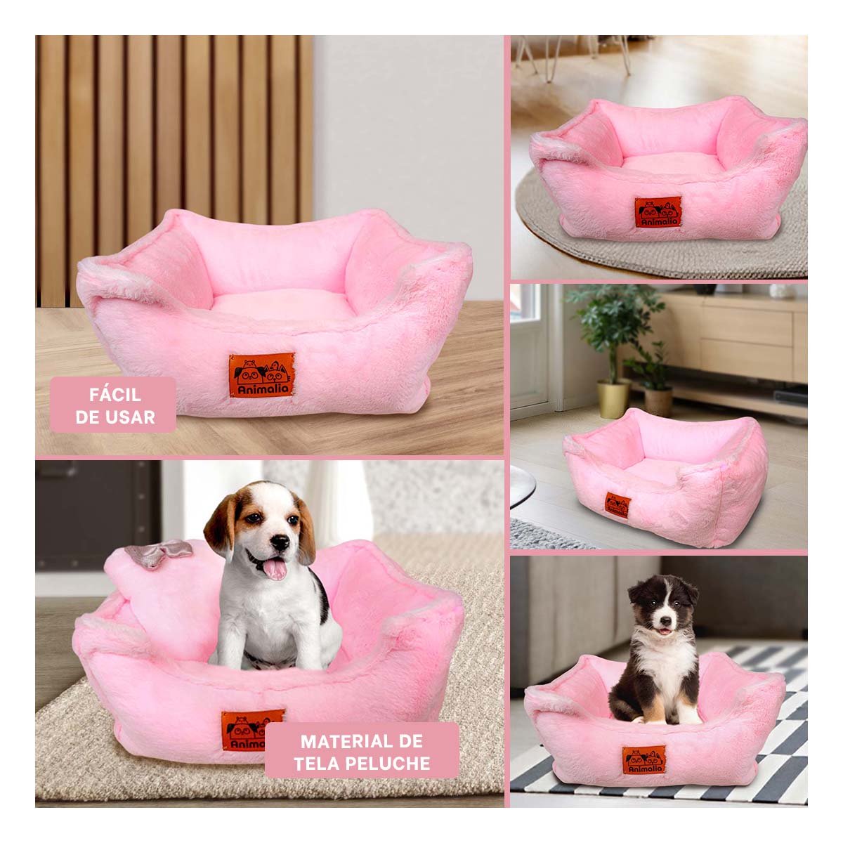 CAMA RECTANGULAR PARA PERRO CON BORDES ELEVADOS Y ALMOHADA TALLA S ROSADO PELUCHE - 2