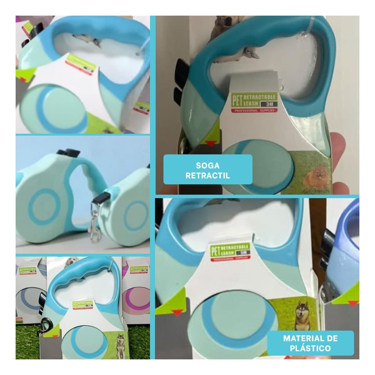 PACK4 AMARRE EXTENSIBLE 3M PARA MASCOTA CON DOBLE TONO CELESTE YREGALO STICKER - 2