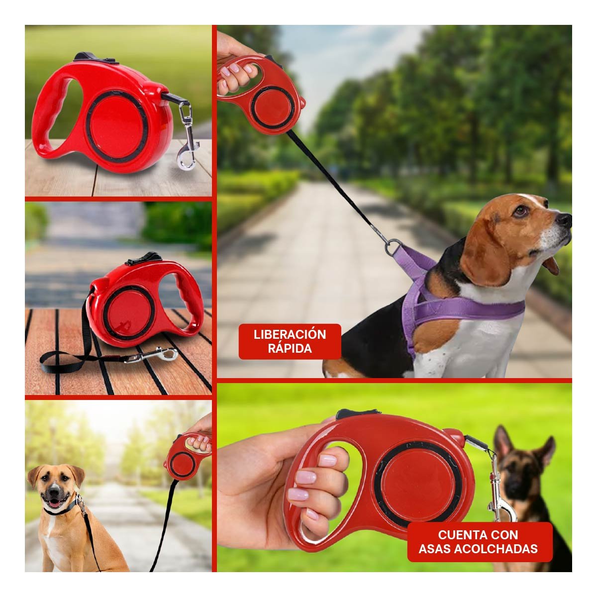 PACK4 CUERDA RETRACTIL CONFIABLE PARA PASEOS DIARIOS CON MASCOTAS COLOR ROJO YREGALO STICKER - 2