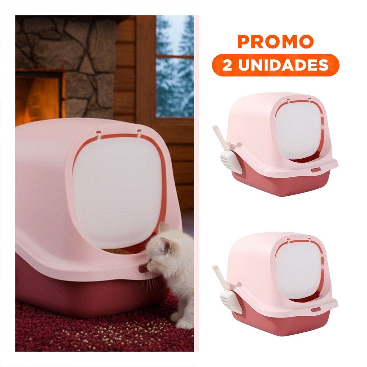PACK2 COMPARTIMENTO SANITARIO CERRADO CON PALA PARA GATO ROSADO USO INTERIOR YREGALO STICKER - 1