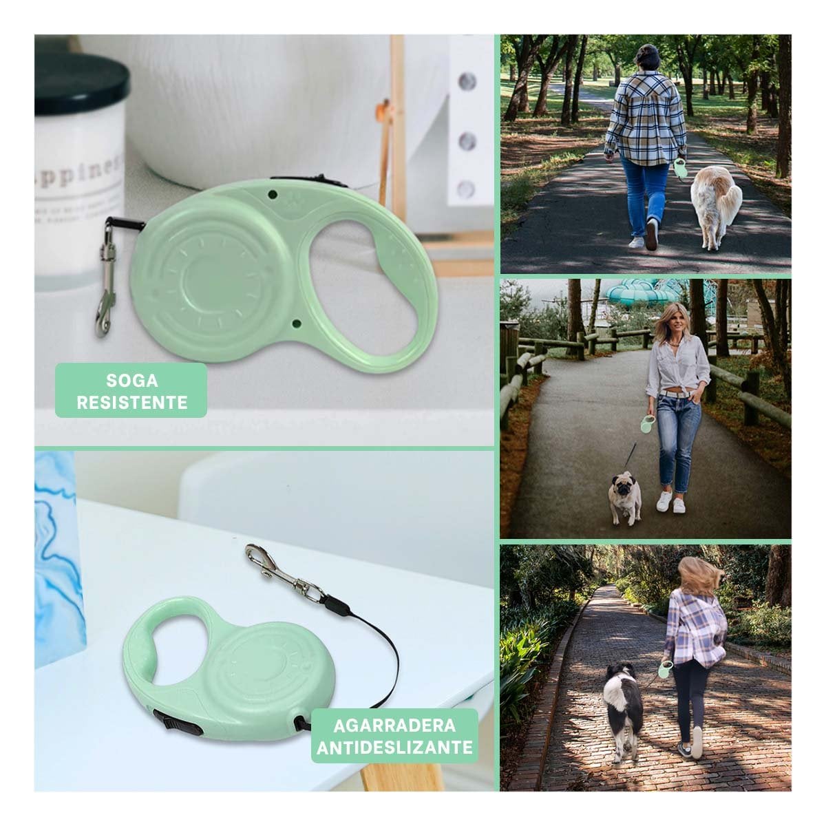 SUJETADOR RETRACTIL 3M PARA MASCOTAS CON HUELLITA VERDE CLARO PRACTICO YLIGAS REGALO - 1