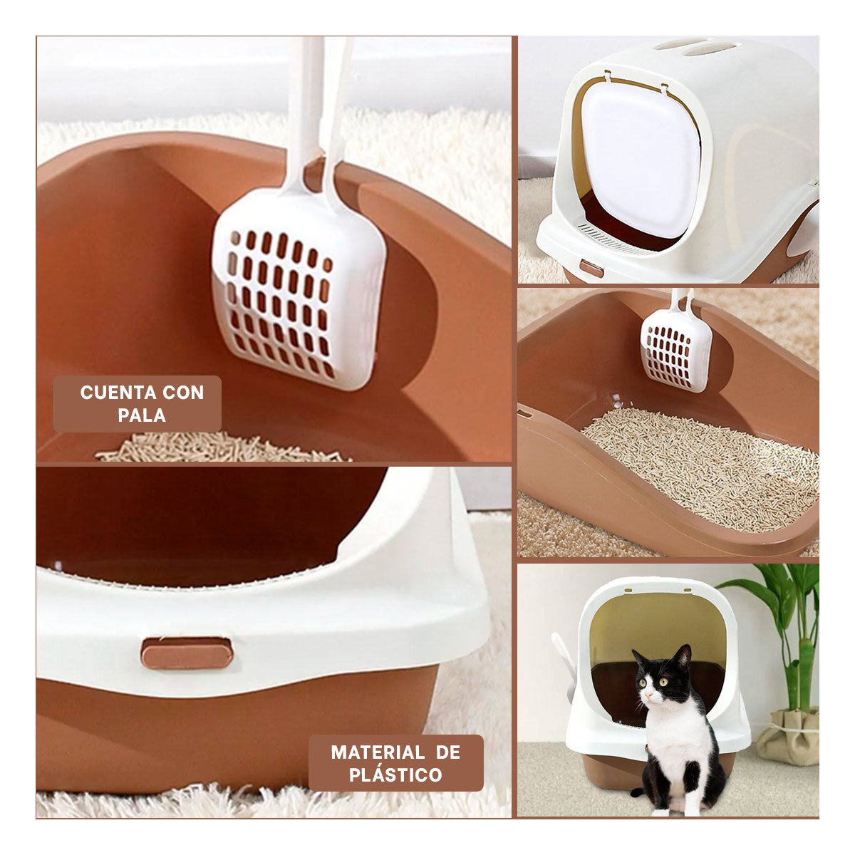 PACK4 CABINA HIGIENICA CERRADA CON PALA PARA GATO MARRON USO EN CASA YREGALO STICKER - 2