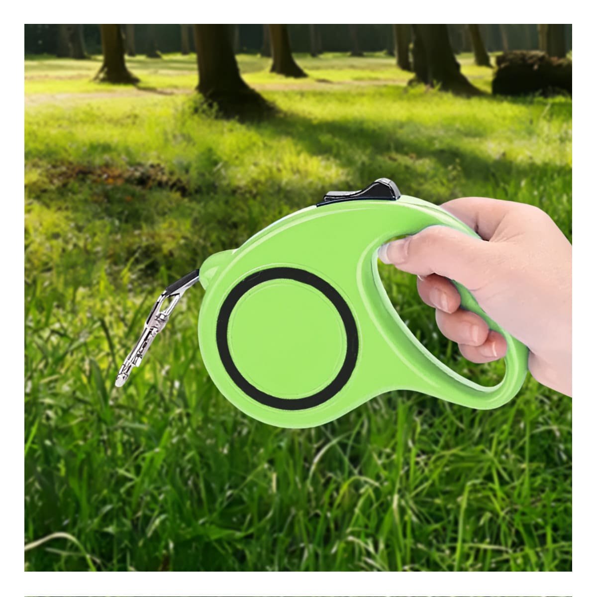 LAZO RETRACTIL VERDE LIMON CON CIRCULO NEGRO PARA MASCOTA ACTIVA YPAPEL REGALO - 1