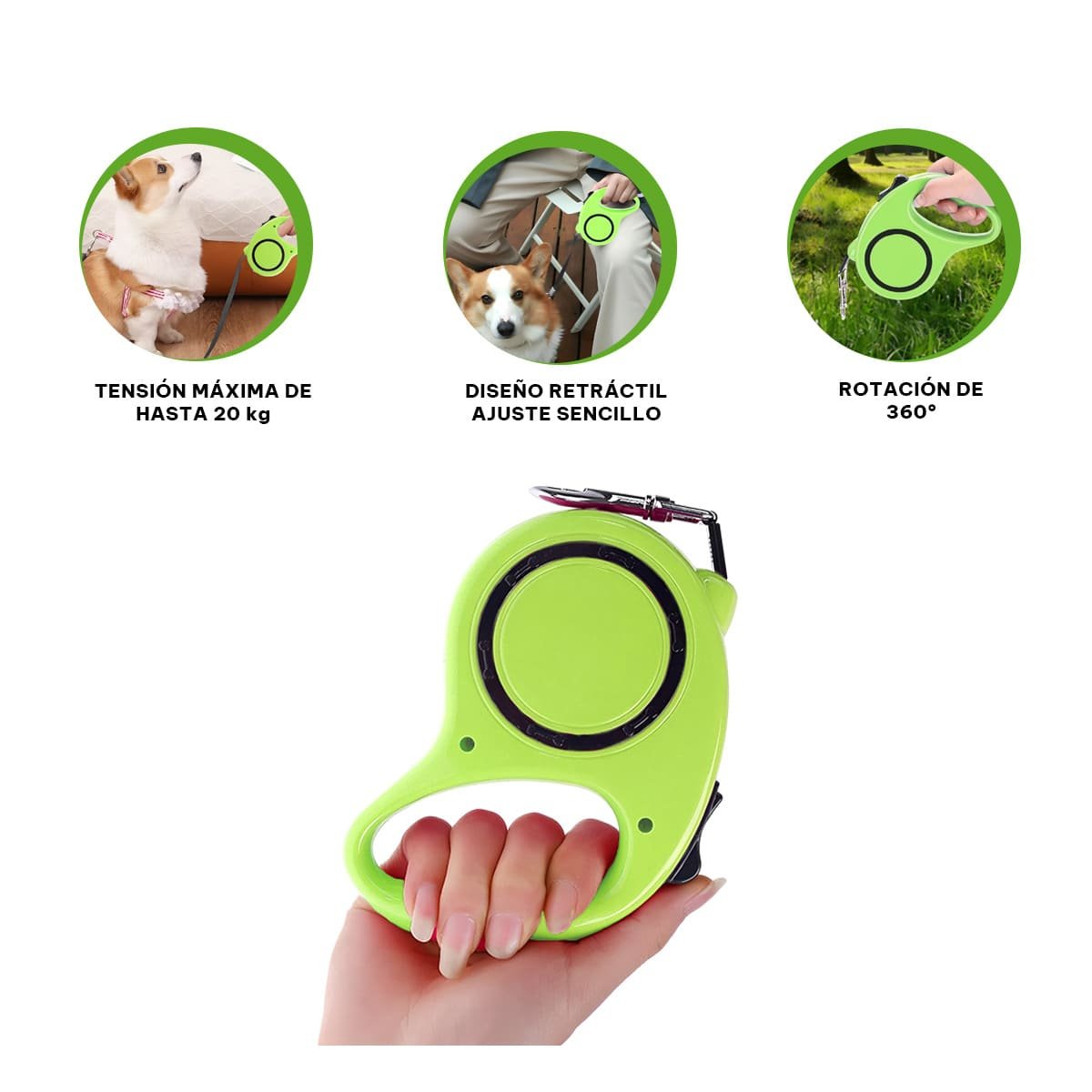 LAZO RETRACTIL VERDE LIMON CON CIRCULO NEGRO PARA MASCOTA ACTIVA YPAPEL REGALO - 5