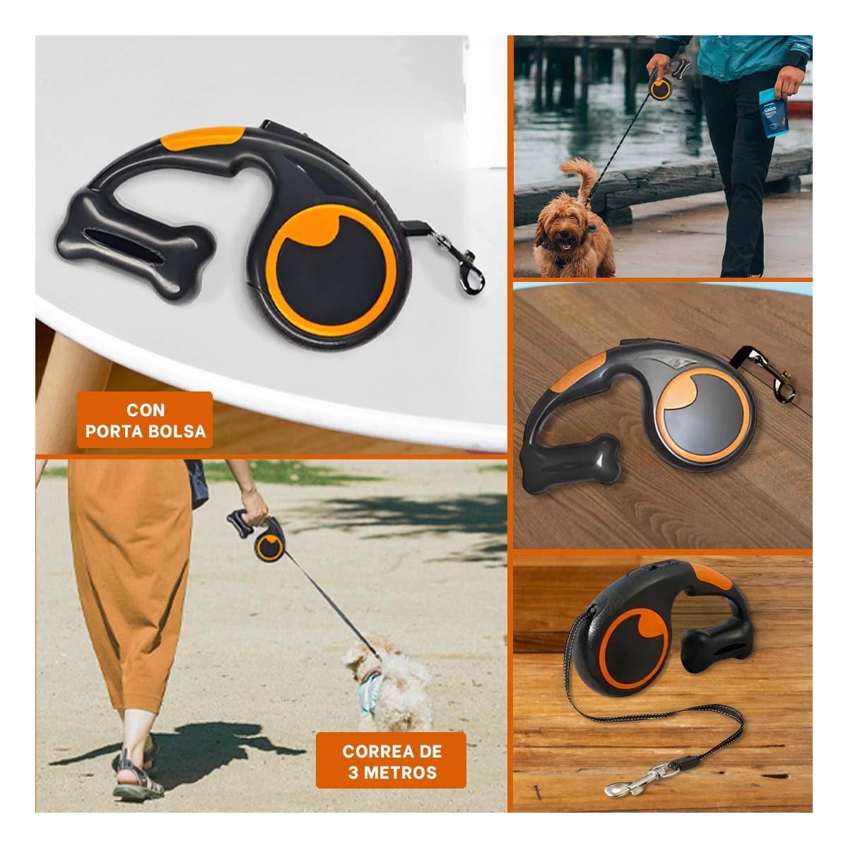 SUJETADOR RETRACTIL NEGRO CON PORTA BOLSA PARA CONTROL DE MASCOTA YLIGAS REGALO - 1