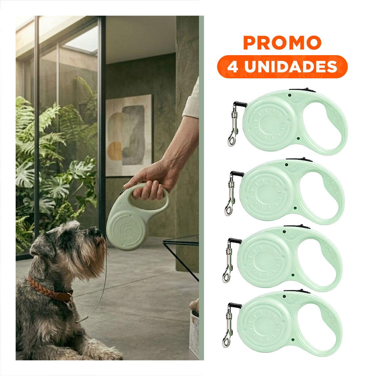 PACK4 LEASH EXTENSIBLE 3M PARA MASCOTAS CON HUELLITA VERDE CLARO - 1
