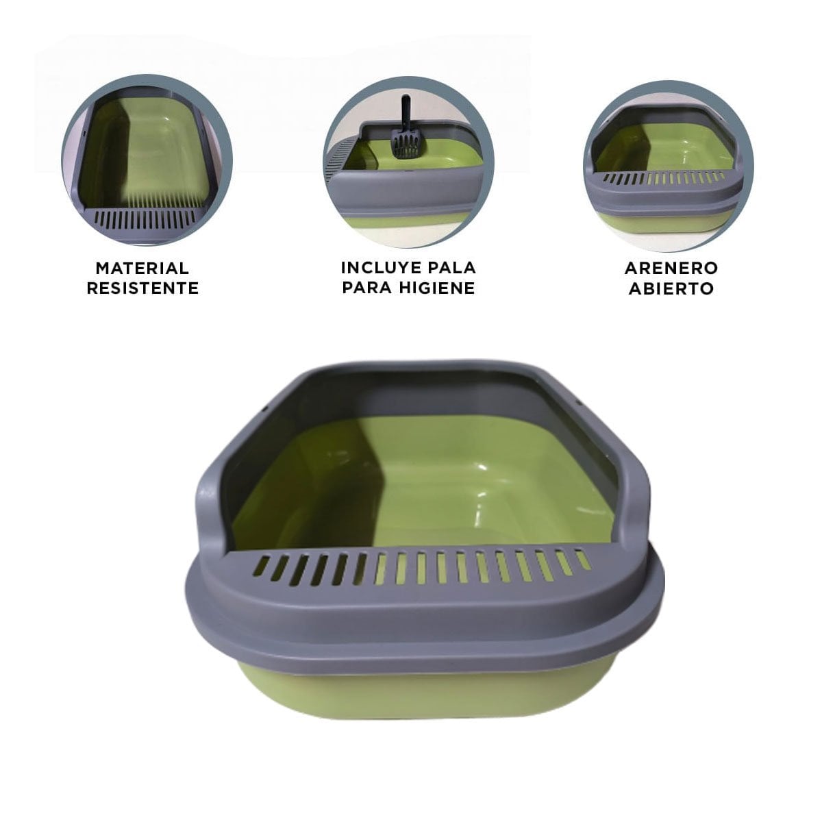 CAJA HIGIENICA PARA GATO ABIERTA CON PALA CERNIDORA 51X36,5CM VERDE Y PLOMO YPAPEL REGALO - 5