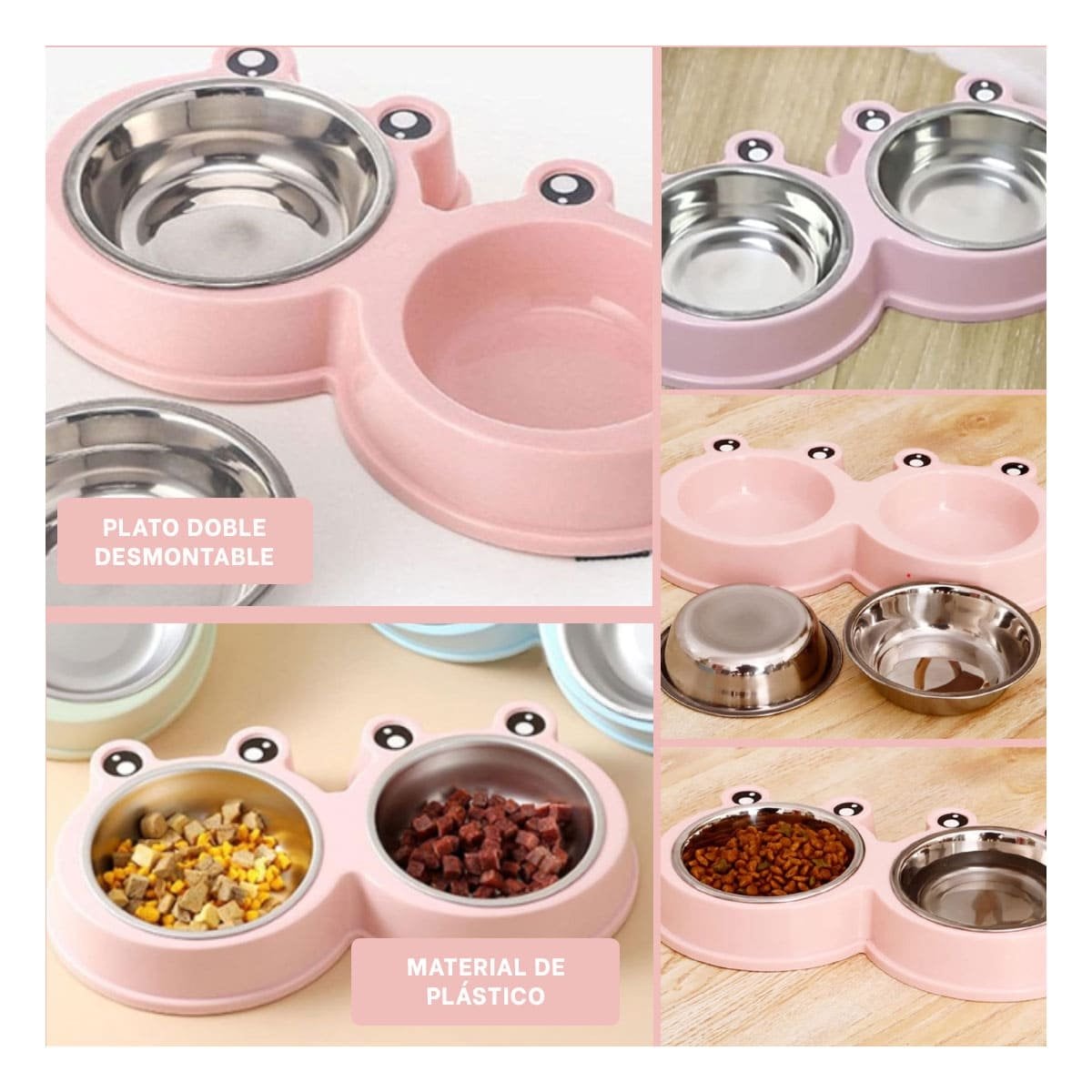 RECIPIENTE DOBLE DESMONTABLE RANA ROSADO PASTEL PARA MASCOTA EN HOGAR - 2